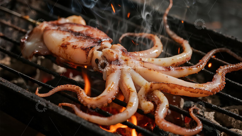 高清大图下载【趣麦麦图】炭火烤制小鱿鱼拍摄