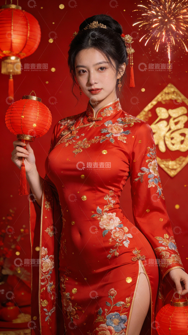 高清大图下载【趣麦麦图】春节喜庆旗袍美女灯笼写真