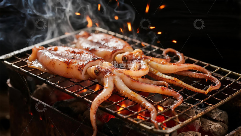 高清大图下载【趣麦麦图】猛火炭烤小鱿鱼