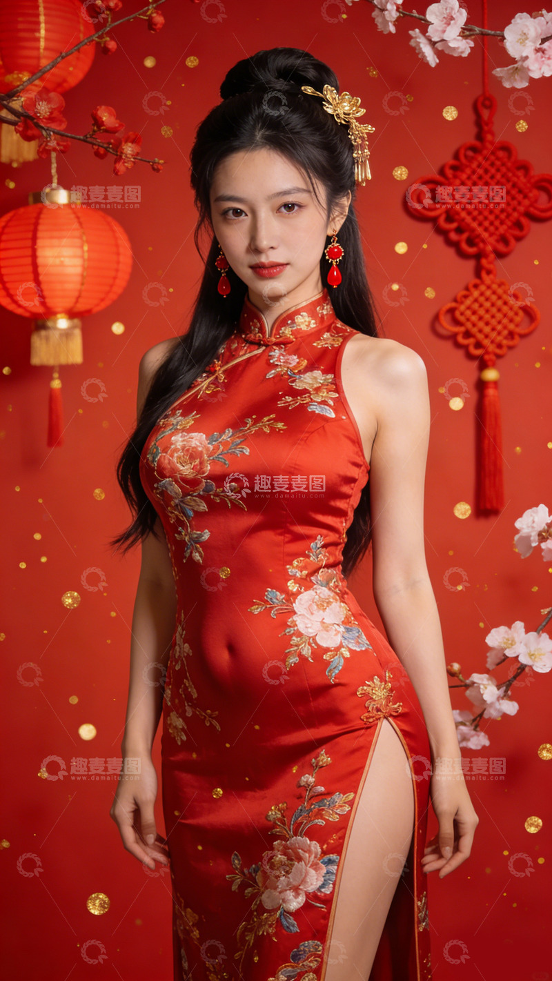 高清大图下载【趣麦麦图】新春旗袍美女喜庆写真