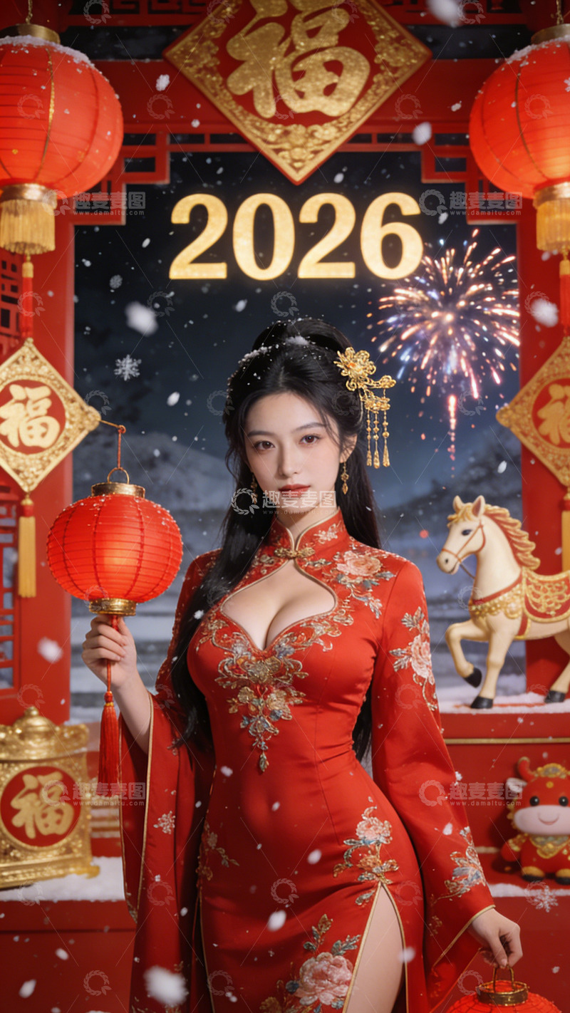 高清大图下载【趣麦麦图】春节喜庆红袍美女雪景摄影