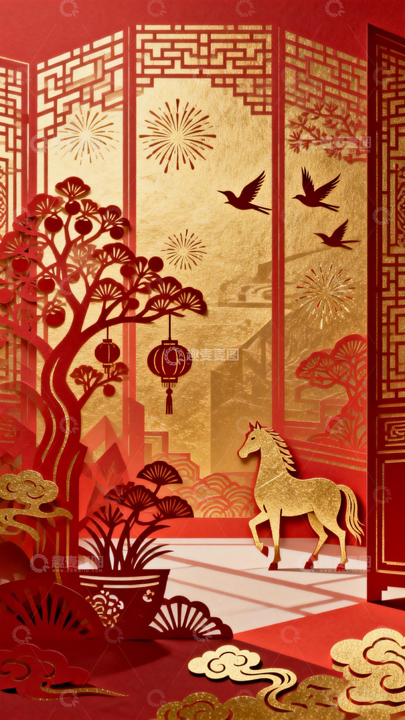 高清大图下载【趣麦麦图】中国红剪纸风马年节庆场景