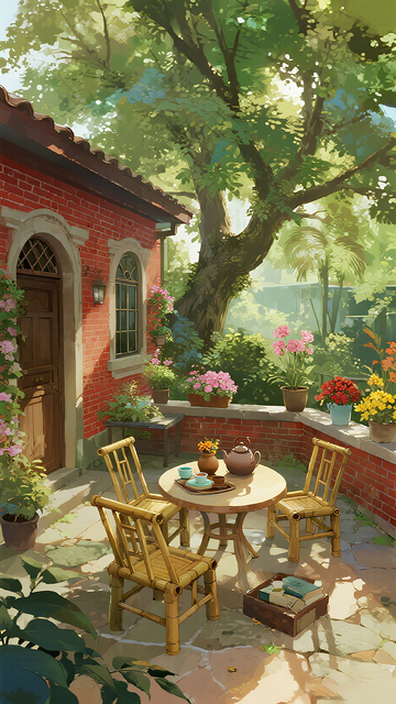 红砖小屋庭院插画