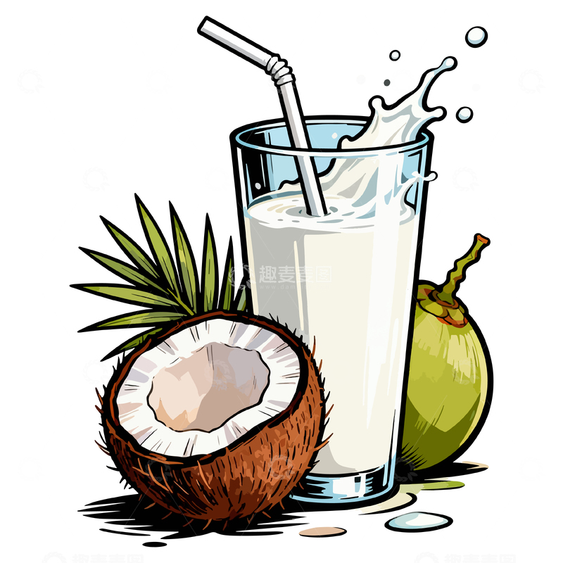 源文件下载【趣麦麦图】手绘椰子果汁饮品插图