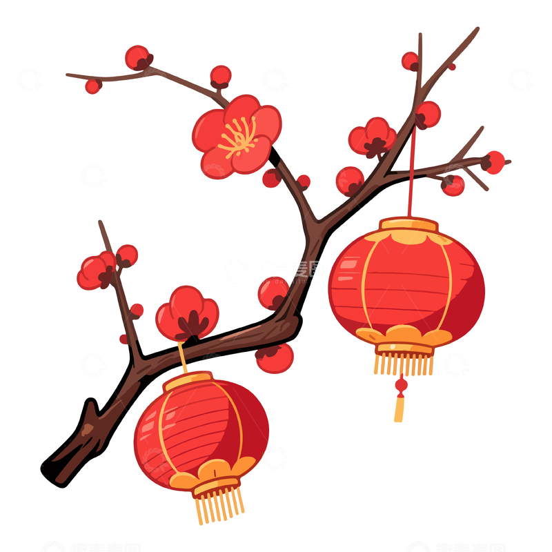 源文件下载【趣麦麦图】新春梅花灯笼图案插画