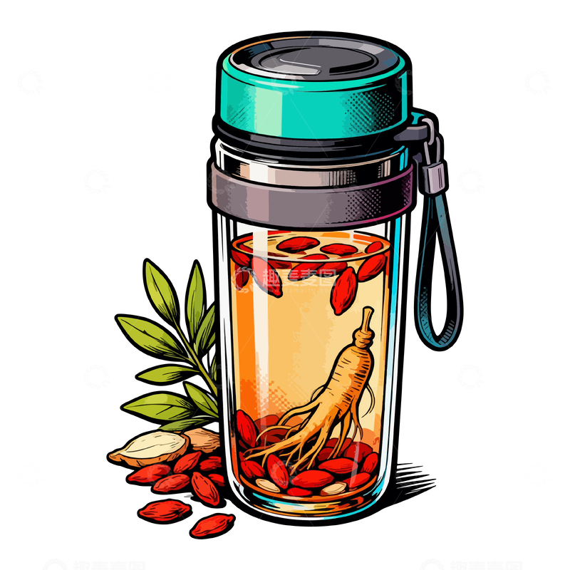 源文件下载【趣麦麦图】透明水杯枸杞人参插画