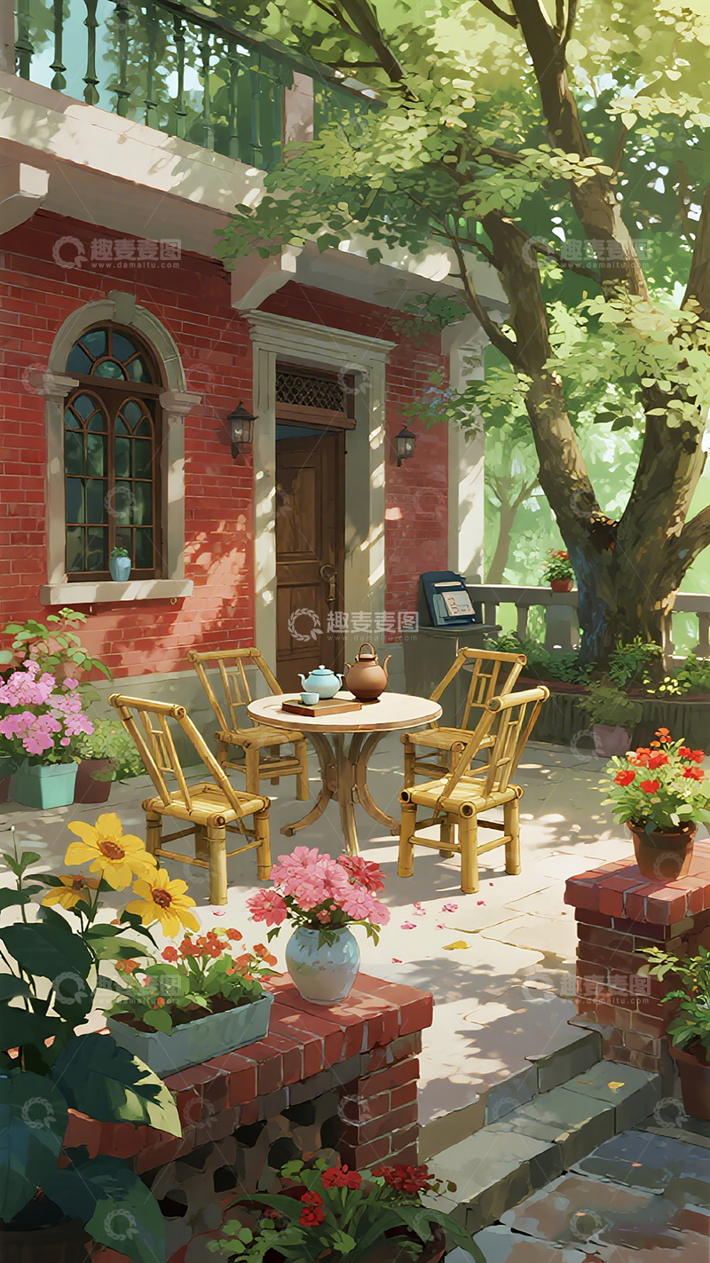 高清大图下载【趣麦麦图】红砖庭院休闲时光