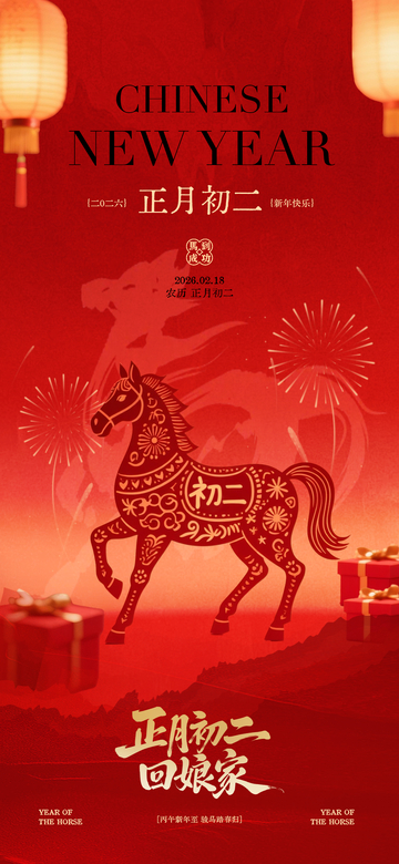 中国红新年马图案祝福海报
