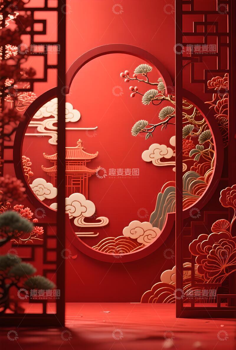 高清大图下载【趣麦麦图】中国风红色喜庆装饰图案背景素材