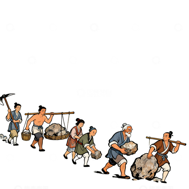 高清大图下载【趣麦麦图】卡通风古代人愚公移山搬运场景插画素材