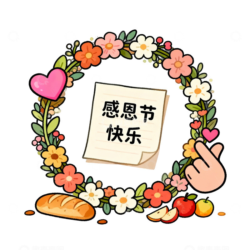 高清大图下载【趣麦麦图】卡通风感恩节花卉祝福图案