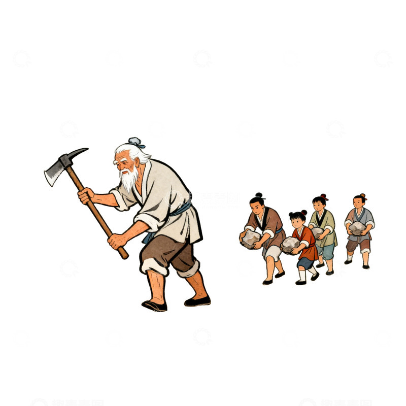 高清大图下载【趣麦麦图】卡通风老人儿童人物群体劳作场景插画素材