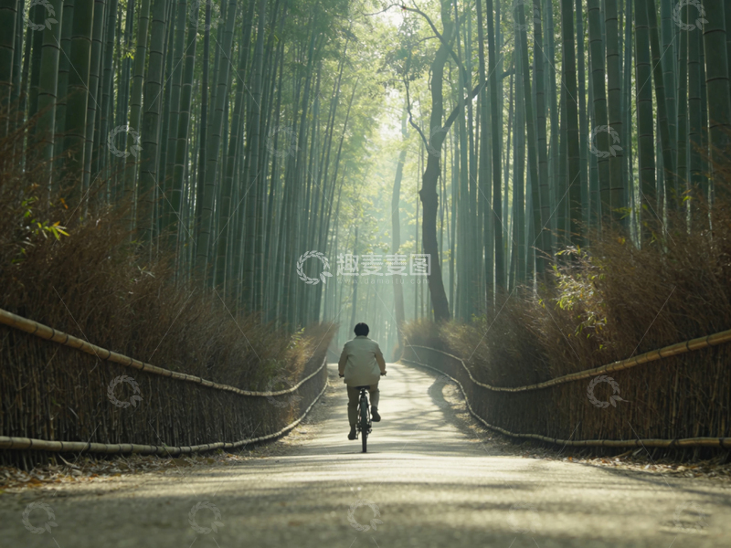 高清大图下载【趣麦麦图】竹林小径骑行风景