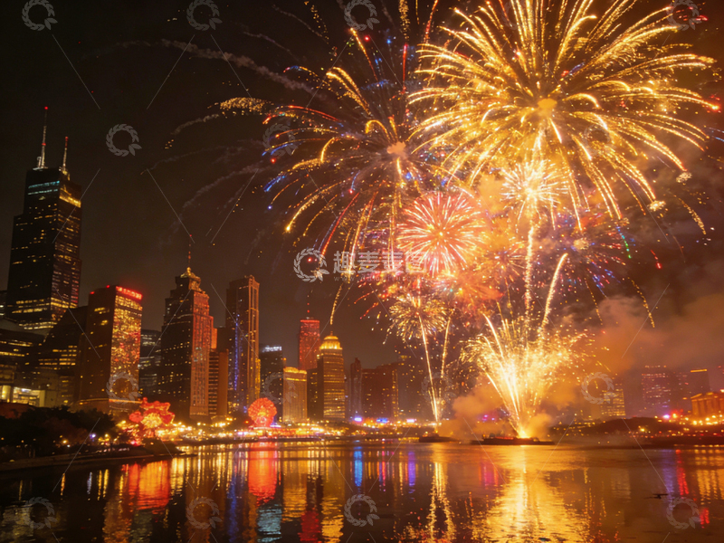 高清大图下载【趣麦麦图】城市夜景烟花绽放1