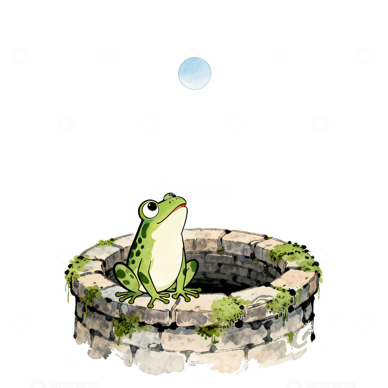 高清大图下载【趣麦麦图】水彩风青蛙坐井观天插画素材