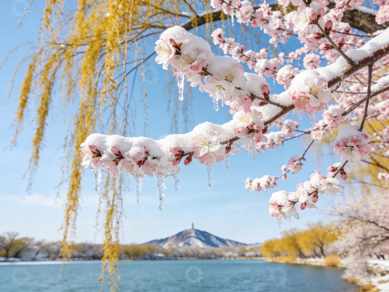 高清大图下载【趣麦麦图】雪映桃花春光景