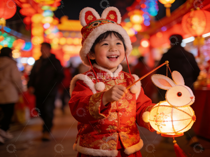 高清大图下载【趣麦麦图】春节儿童汉服兔灯街景