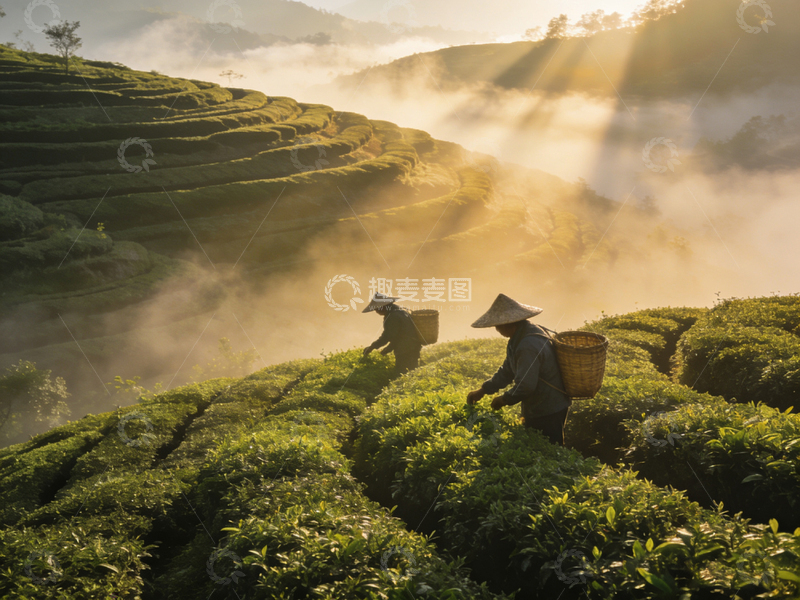 高清大图下载【趣麦麦图】晨雾茶园劳作风光
