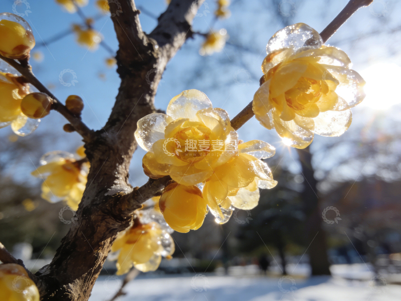 高清大图下载【趣麦麦图】冬日腊梅冰晶绽放美景