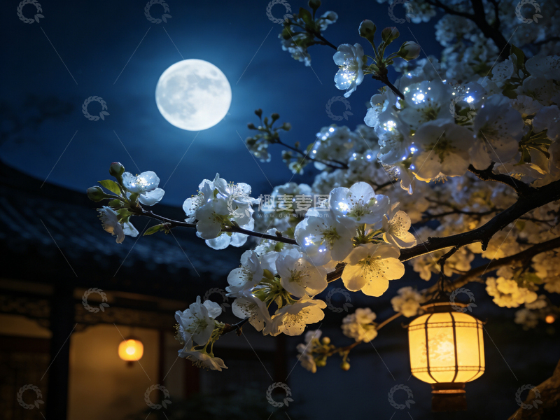 高清大图下载【趣麦麦图】古风月夜梨花灯笼美景