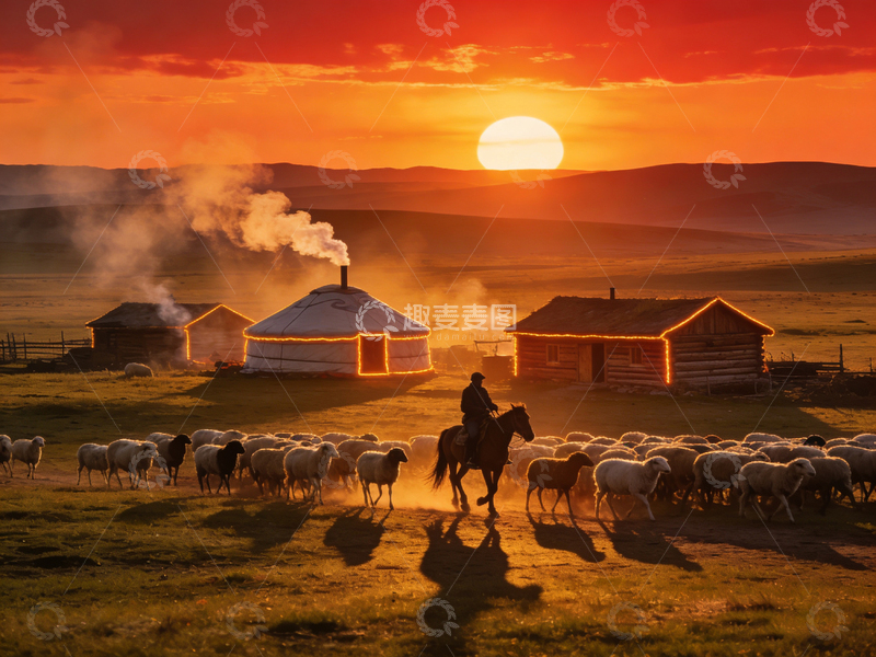 高清大图下载【趣麦麦图】草原日落牧羊图