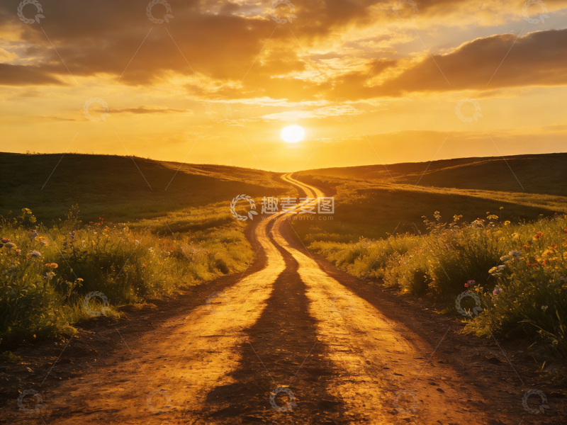 高清大图下载【趣麦麦图】黄昏乡村土路风景画