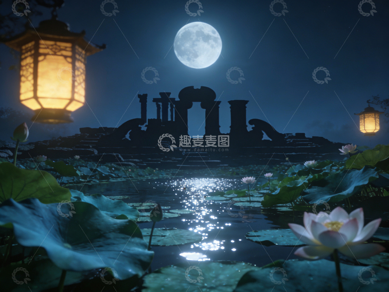 高清大图下载【趣麦麦图】古风夜景废墟荷花灯笼