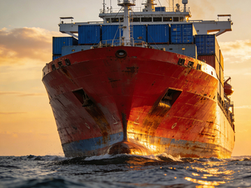 夕阳下大型货轮航行
