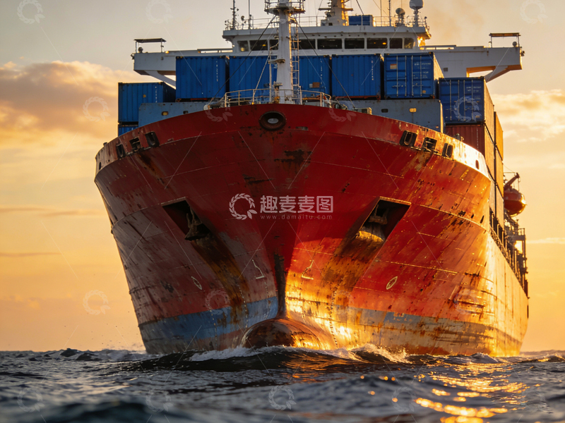 高清大图下载【趣麦麦图】夕阳下大型货轮航行