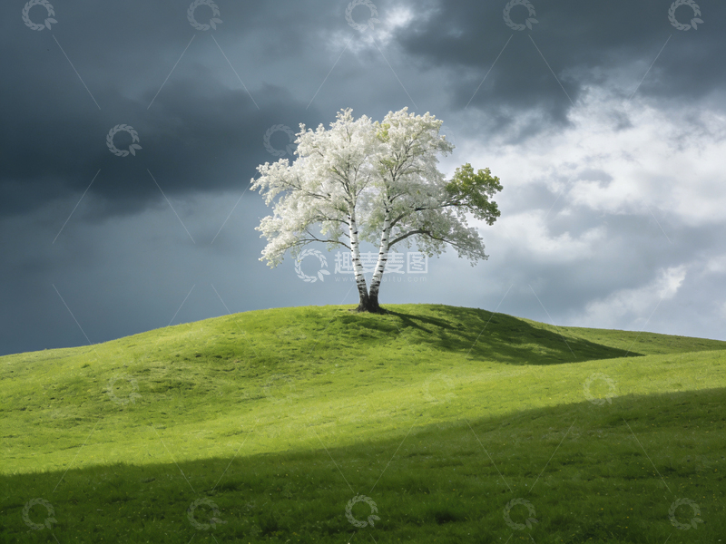 高清大图下载【趣麦麦图】孤独白树草地乌云