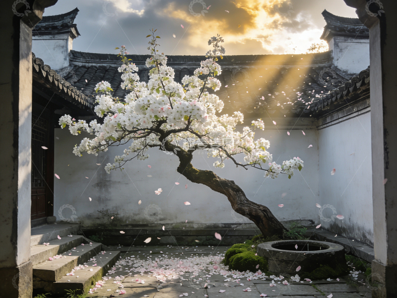 高清大图下载【趣麦麦图】古韵梨花庭院风光摄影图片