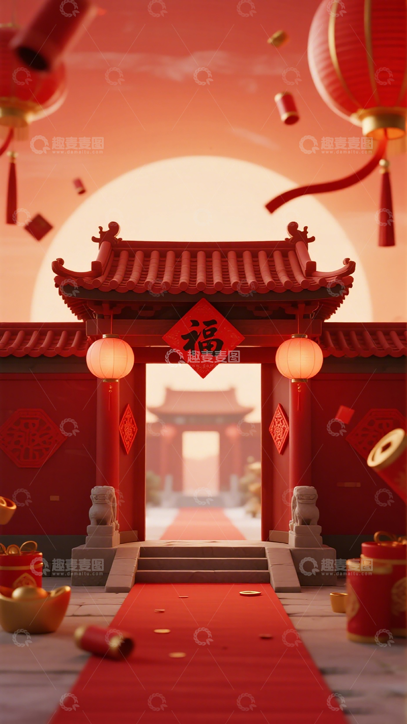 高清大图下载【趣麦麦图】喜庆中国风春节场景插画