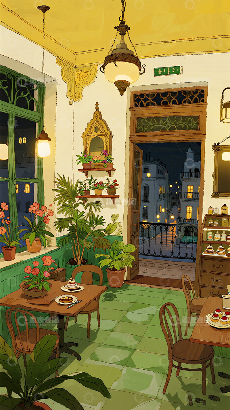 高清大图下载【趣麦麦图】复古风咖啡馆插画场景