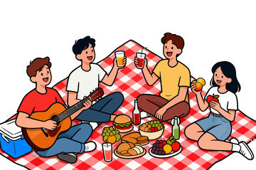 卡通野餐聚会插画素材吉他饮料