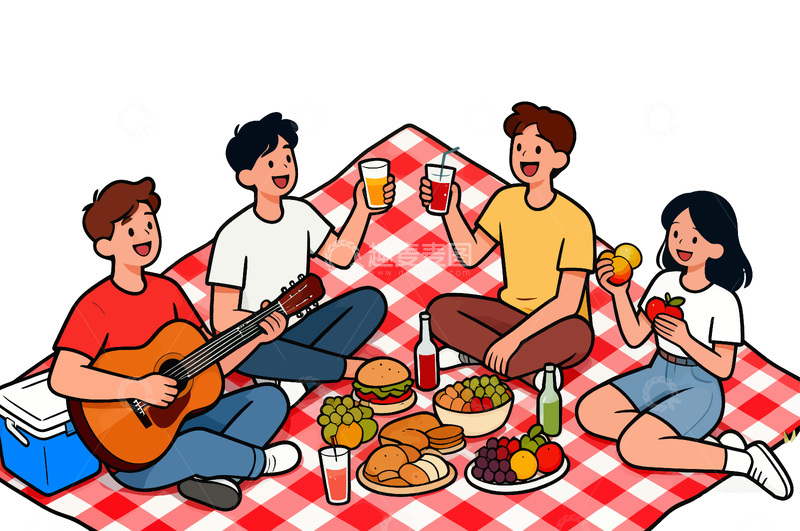 源文件下载【趣麦麦图】卡通野餐聚会插画素材吉他饮料