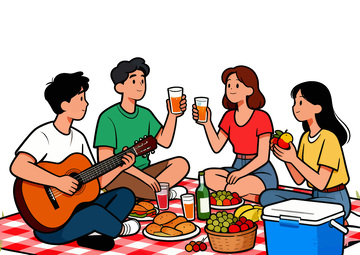 卡通野餐聚会插画素材吉他畅饮