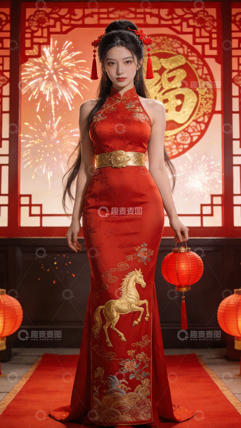 高清大图下载【趣麦麦图】春节喜庆旗袍美女写真