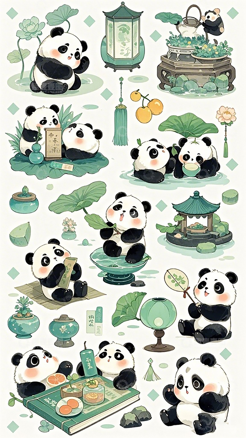 高清大图下载【趣麦麦图】熊猫悠闲生活插画贴纸
