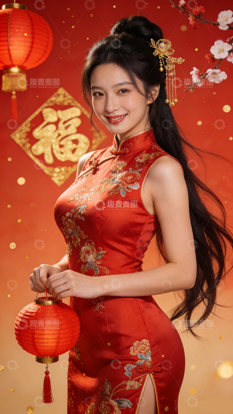 高清大图下载【趣麦麦图】春节喜庆旗袍美女红灯笼