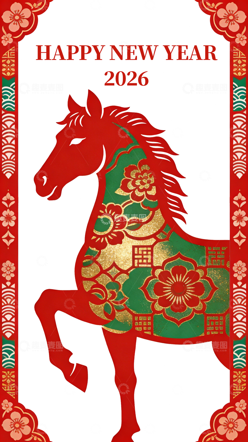源文件下载【趣麦麦图】新春马年剪纸艺术贺卡