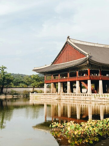 传统东方建筑水边景色