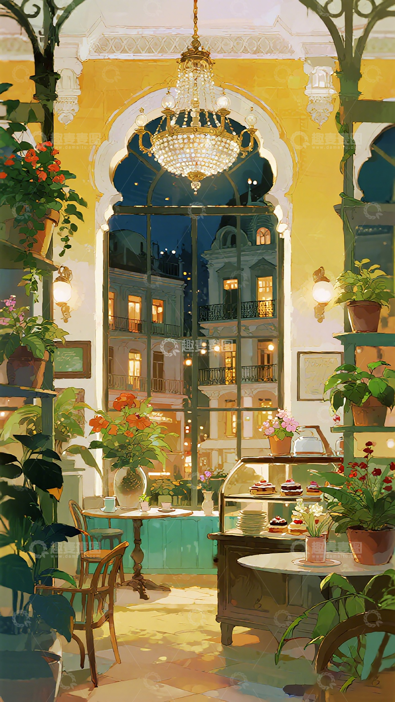 高清大图下载【趣麦麦图】欧式露台下午茶插画场景