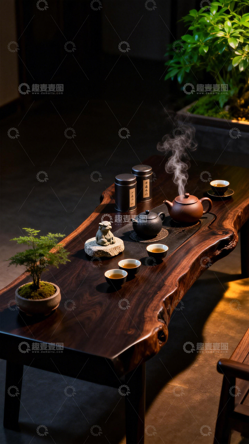 高清大图下载【趣麦麦图】禅意茶室木桌茶具布置