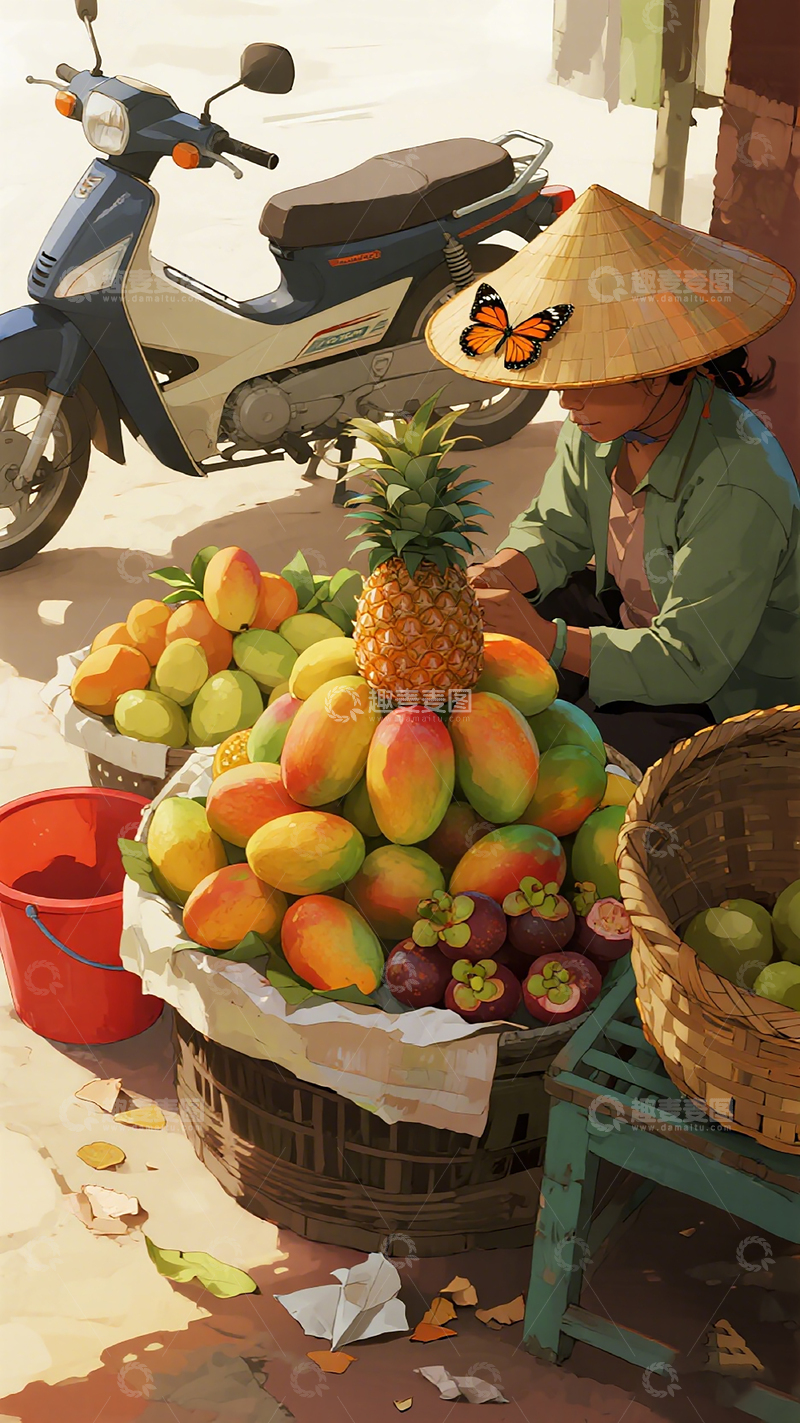 高清大图下载【趣麦麦图】热带水果摊插画