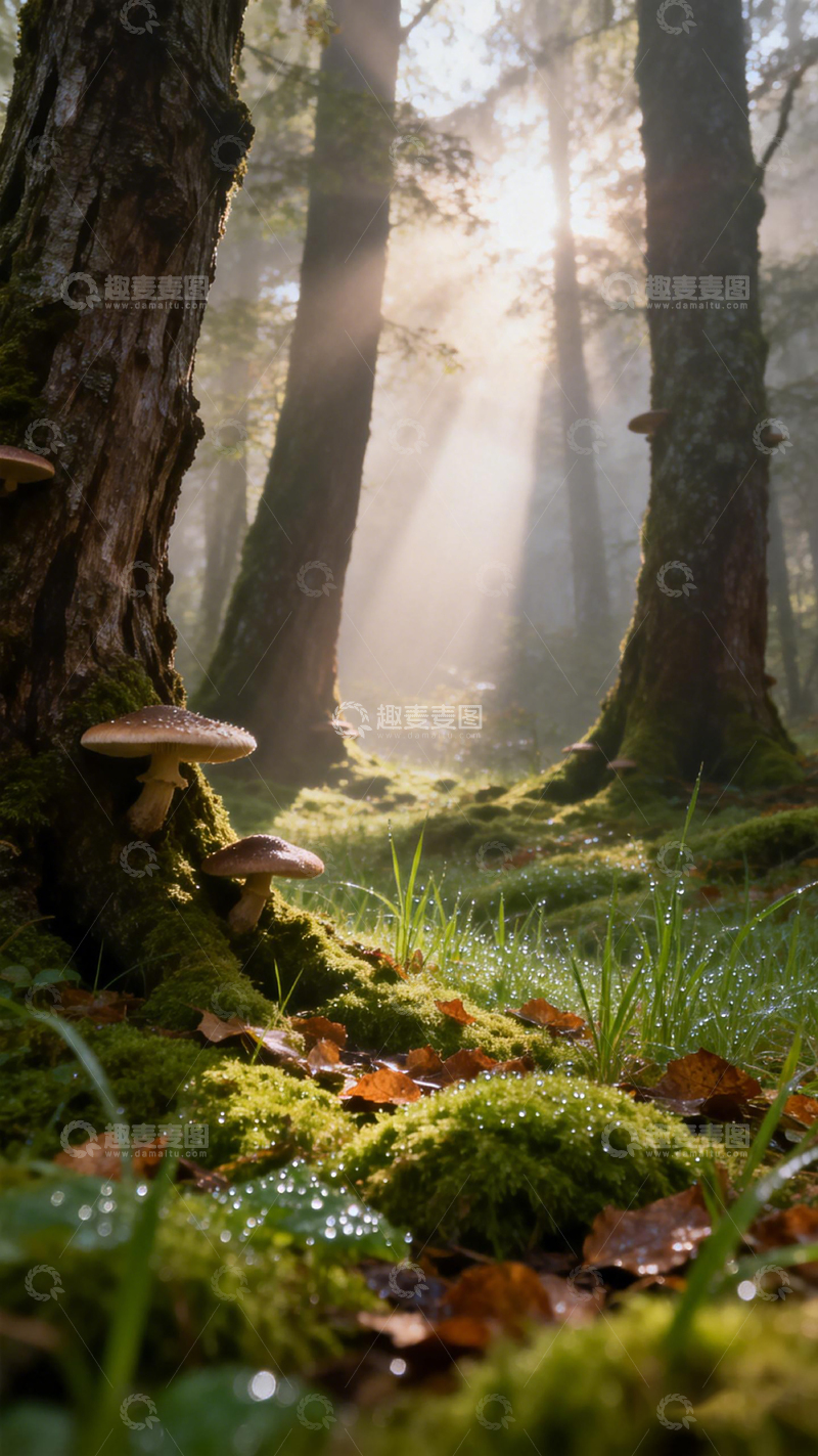 高清大图下载【趣麦麦图】森林晨光蘑菇景自然风光摄影