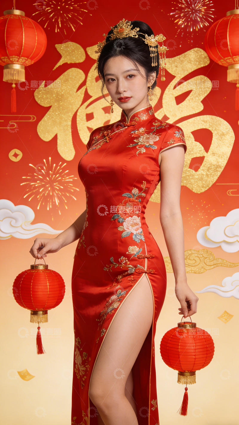 高清大图下载【趣麦麦图】喜庆春节旗袍美女红灯笼