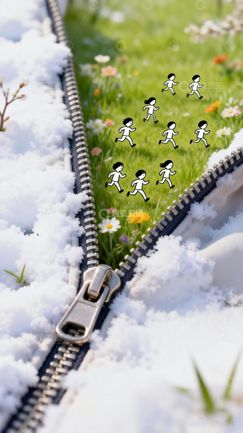 高清大图下载【趣麦麦图】拉链雪景小人奔跑创意图片