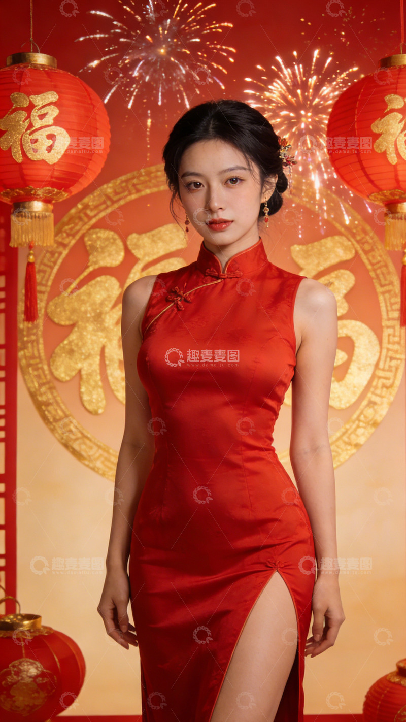 高清大图下载【趣麦麦图】新春2026喜庆旗袍美人摄影