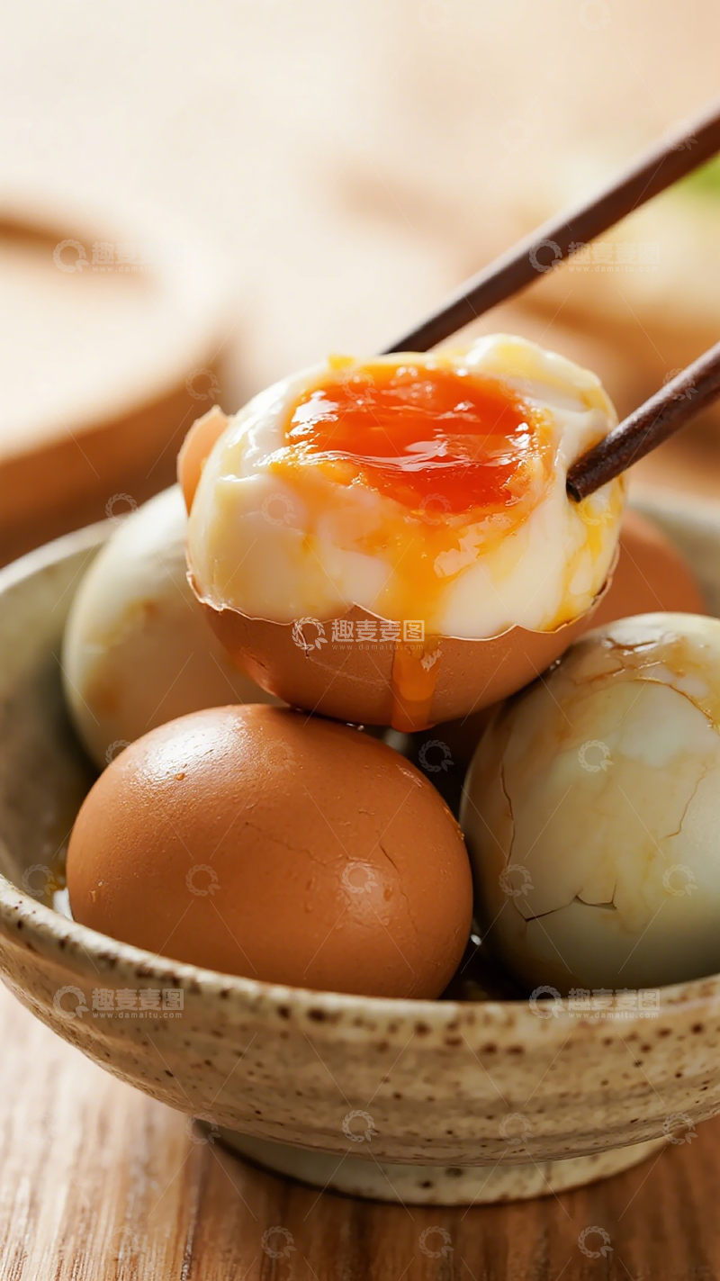 高清大图下载【趣麦麦图】筷子夹起半熟蛋美味诱人