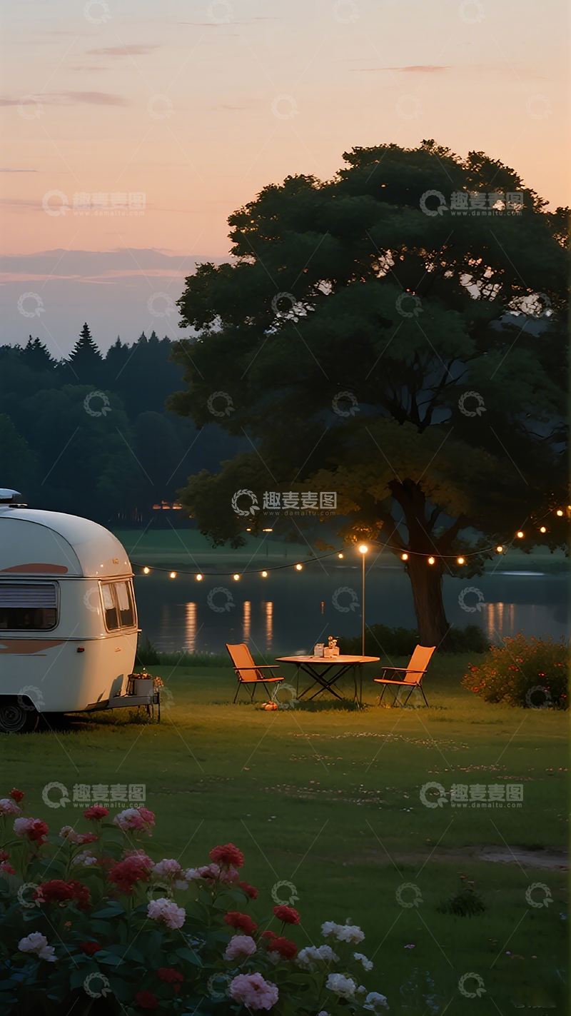 高清大图下载【趣麦麦图】湖边露营黄昏美景